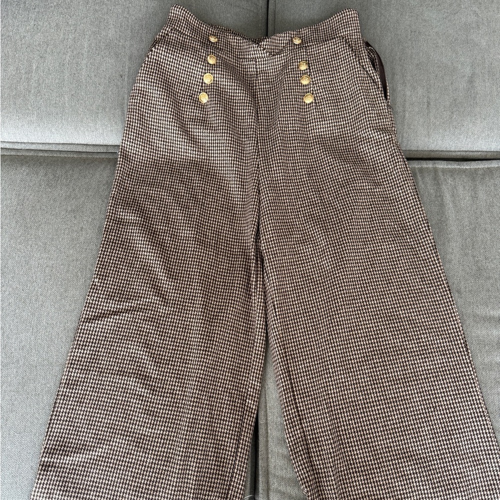 SHEIN Brown & Black Houndstooth Wide-Leg Trousers with Gold Buttons (XL)